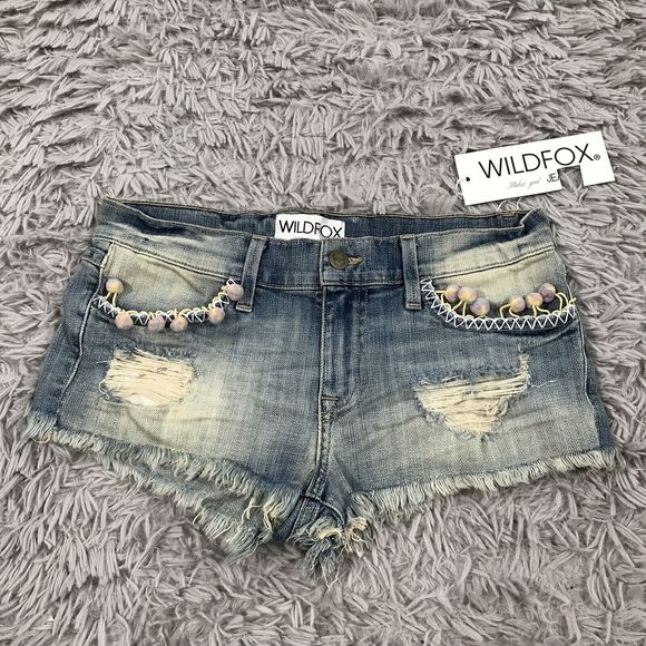 New Wildfox Jeans Lara Pom Pom Distressed Shorts 26 festival boho western punk - Picture 1 of 6